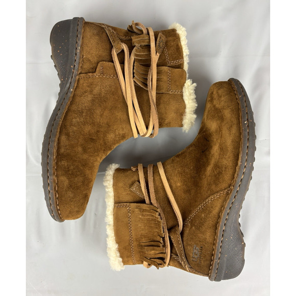 UGG Gaviota Ankle Boots Womens Size 6 EUR 37 Tan Suede Leather Sheepskin Fringe - Picture 11 of 16